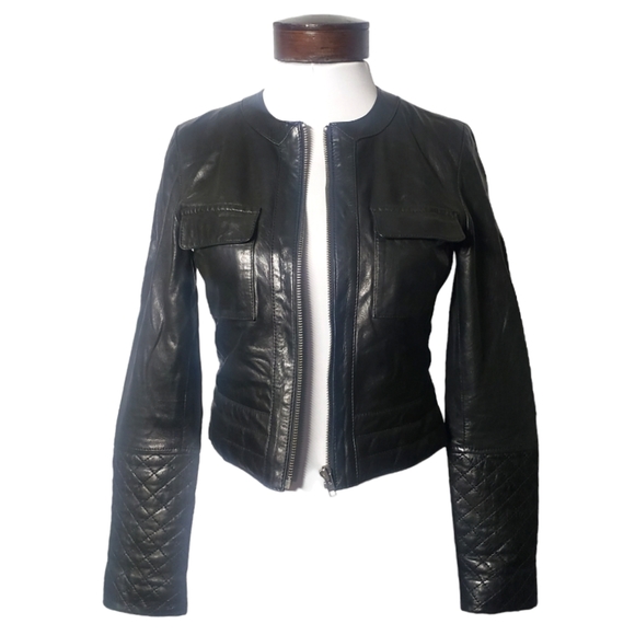 Trouve Leather Moto Collarless Quilted Sleeve Jacket Black Size: XS - Picture 4 of 16